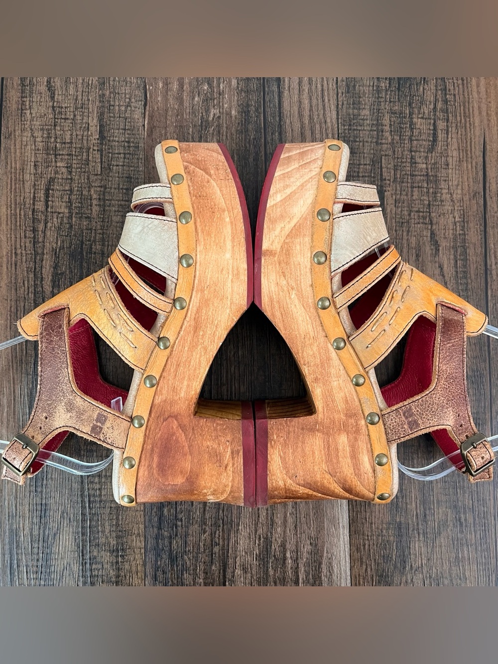 Bed Stu Falabella Leather Platform Sandal Wood Block Heel Studded Size 8.5 Multi - Picture 6 of 16